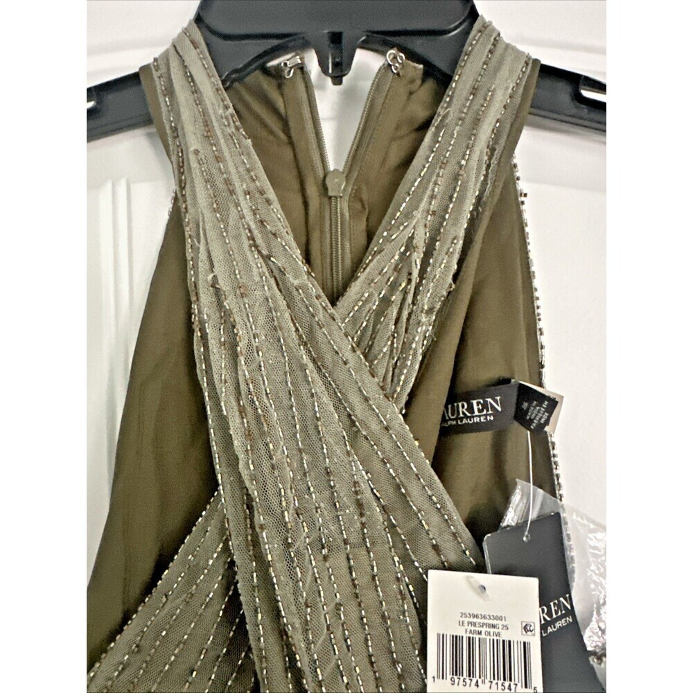 Lauren Ralph Lauren Women's Beaded Mesh Sleeveless Halter Gown Olive Green 10 - Picture 8 of 13
